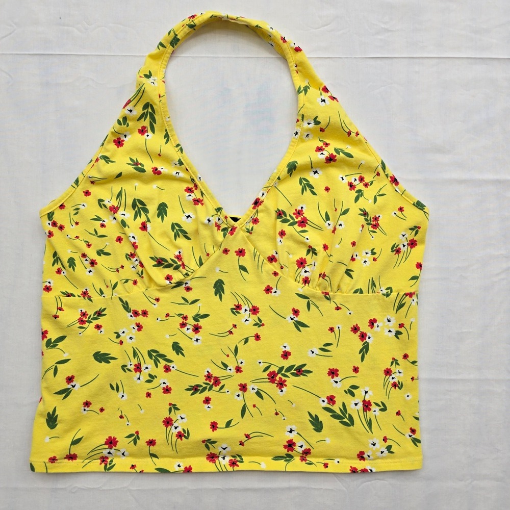 Ambiance Womens 1X Yellow Floral Halter Top Open Back Tie Y2K Style